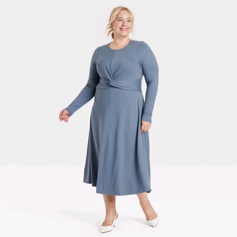 NWT Blue Twist Front Long Sleeve Midi Dress Size 1X